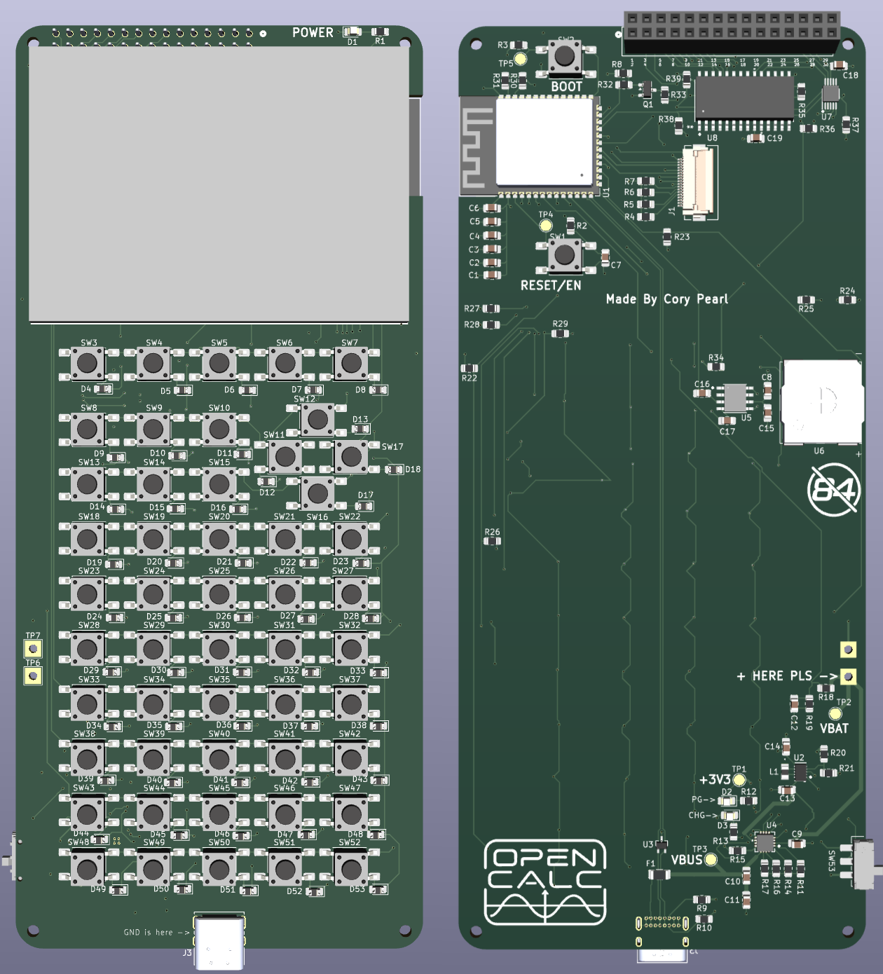 Front and back render of the OpenCalc V5 PCB
